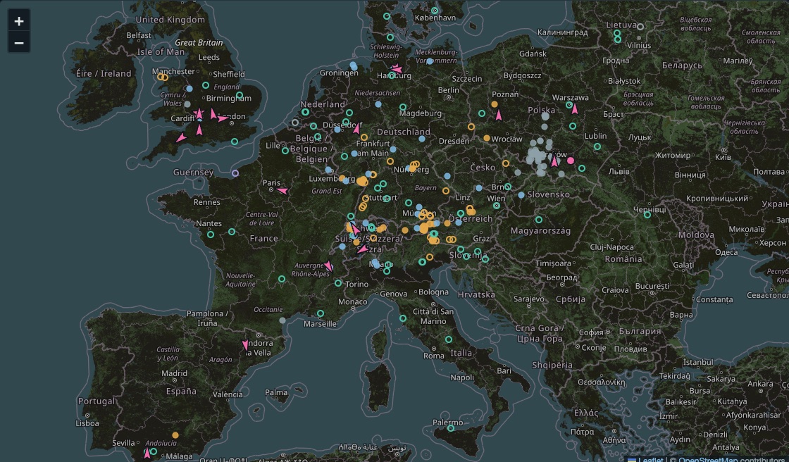 Map of Europe with the transmitters heard by the OGN network: ADS-L, FLARM, FANET and phone apps